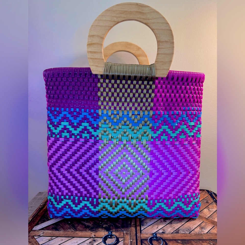 wooden handled woven bag